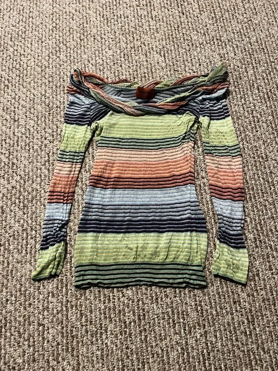 Vintage Missoni Off-Shoulder Stripe Knit Sweater in Green, Coral, Navy and Cream - Picture 1 of 6